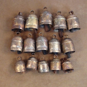 Set of 8 Rustic Rusty Vintage Cow Bells, Bronze Brass Gold colored,  recycled metal, made in India, swiss cow bell, cattle bell, supply diy