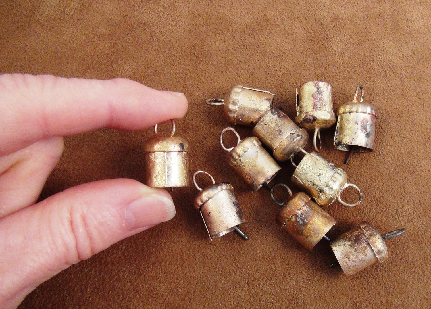TINY Bells-10 Gold Painted Charms in Iron- Tinkling Tiny Cow Bells, So Adorable for Crafts, Doll House, Fairy Garden, Gift Wrapping, Jewelry