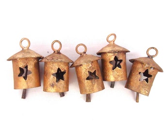 BIRDHOUSE BELLS - Birdhouse Shaped Bells with Star Cut-outs in Rustic Gold - Perfect Decor for Indoors or Outdoors - Garden, Wreath, Porch