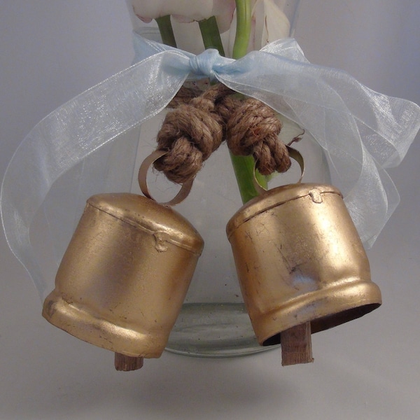 Set of Two Beautiful Gold Wedding Bells with Jute for Wedding Decor, Table Centerpiece, Doors, Craft Projects, Wind Chimes, Mobiles