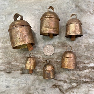 RUSTIC FARMHOUSE BELLS 5 Rough Hewn Gold Bells w/ Wooden Clappers in 6 Sizes Shabby Chic Cow Bells Xmas Tree, Holiday, Wedding Bells image 8