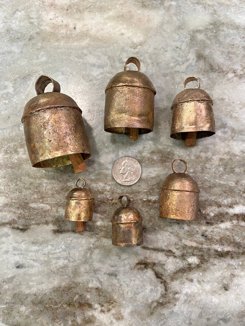 RUSTIC FARMHOUSE BELLS 5 Rough Hewn Gold Bells w/ Wooden Clappers in 6 Sizes Shabby Chic Cow Bells Xmas Tree, Holiday, Wedding Bells image 8