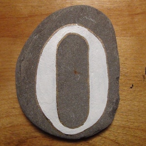 Hand Painted Numbered Rocks-Numbers Zero Thru Nine-On Smooth Beach Rocks-For Paperweights, Doorways, Home Decor In White with Gold Edges