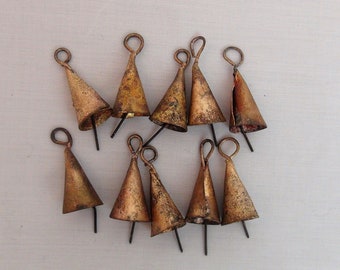 TINY RUSTIC GOLD Bells-10 Micro Cone Shape Triangular Bells-So Sweet-Barely 1 1/4"-Perfect for Small Crafts, Doll House,Fairy Garden,Jewelry