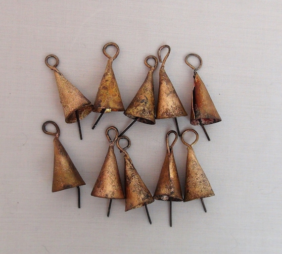 TINY RUSTIC GOLD Bells-10 Micro Cone Shape Triangular Bells-so