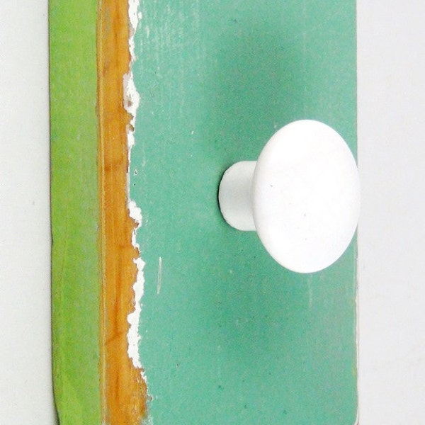 Vintage White Knob Wall Hook on Sea Breeze and Apple Green Painted Salvaged Wood  - Original "Bauble Board" for Keys, Jewelry, Kitchen, Bath