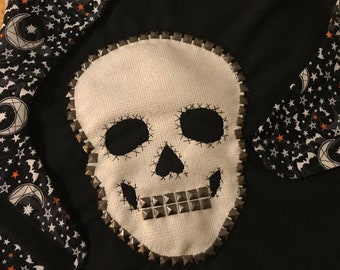 SKULL FACE Dog Coat-Handmade, Unique SWAGGIEDOG Original- Skull w/Large Silver Pyramid Studs-Halloween Dog Costume-Glow in Dark Reversible