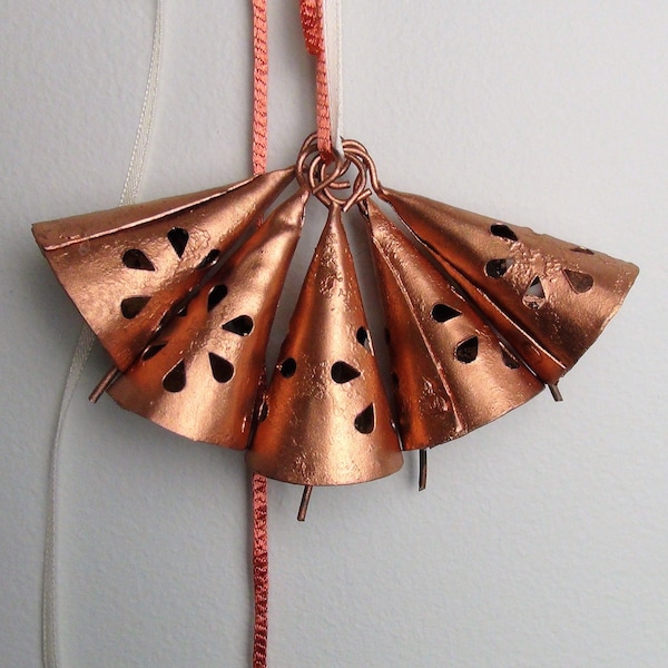 5 COPPER SUNBURST Triangle Bells with Teardrop Cutouts-2 1/4 Inch-Recycled Iron Metal Bells-Great for Craft Projects-Mardi Gras Chimes