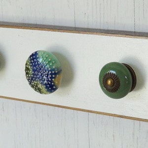 Wall Hanging Organizer W/ Ceramic Bronze Hooks on Distressed Crackled White W/ Bronze Blue, Original Bauble Board for Keys, Jewelry image 1