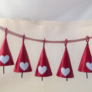 Valentine Love Bells in Red with White Hearts - 5 Small, 2&quot;, Red, Ringing Metal Bells with Removeable & Adjustable White Heart