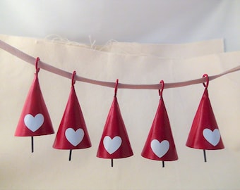 Valentine Love Bells in Red with White Hearts - 5 Small, 2", Red, Ringing Metal Bells with Removeable & Adjustable White Heart