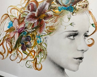 May include: A black and white drawing of a woman's face with a floral crown. The crown is made of lilies, forget-me-nots, and other flowers. A blue butterfly is perched on the crown. The woman's hair is drawn in a flowing style.