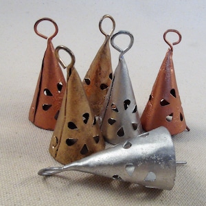 6 Eiffel Tower Bells- Group of COPPER, GOLD & SILVER Triangle Conical Shape Bells with Teardrop Cutouts-2 1/4 Inch-Recycled Iron Metal Bells
