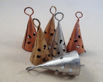 6 Eiffel Tower Bells- Group of COPPER, GOLD & SILVER Triangle Conical Shape Bells with Teardrop Cutouts-2 1/4 Inch-Recycled Iron Metal Bells