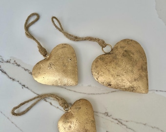 HEART WALL ART-Set of 3 Puffed Rustic Gold Hearts w/Jute for Hanging Anywhere-Home Decor-Remembrance or Memorial Hearts-Wedding or Baby Gift