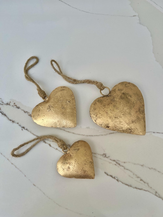 HEART WALL Art-set of 3 Puffed Rustic Gold Hearts W/jute for