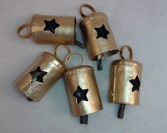 Wind Chime Bells - BRIGHT GOLD Bells with Star Cutouts- Iron/Brass Bell-Big 2 1/4"-Sweet Melodic Ring Tone- Weddings, Crafts, Dog Collar