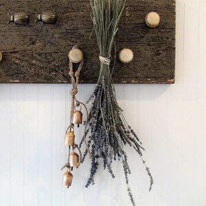 Peut inclure: Une planche de bois rustique avec des boutons en c&eacute;ramique blanche est accroch&eacute;e &agrave; un mur blanc. Un bouquet de lavande s&eacute;ch&eacute;e est suspendu &agrave; un bouton, et une cha&icirc;ne de petites cloches en laiton est suspendue &agrave; un autre bouton. Deux petits scarab&eacute;es en laiton sont fix&eacute;s &agrave; la planche.