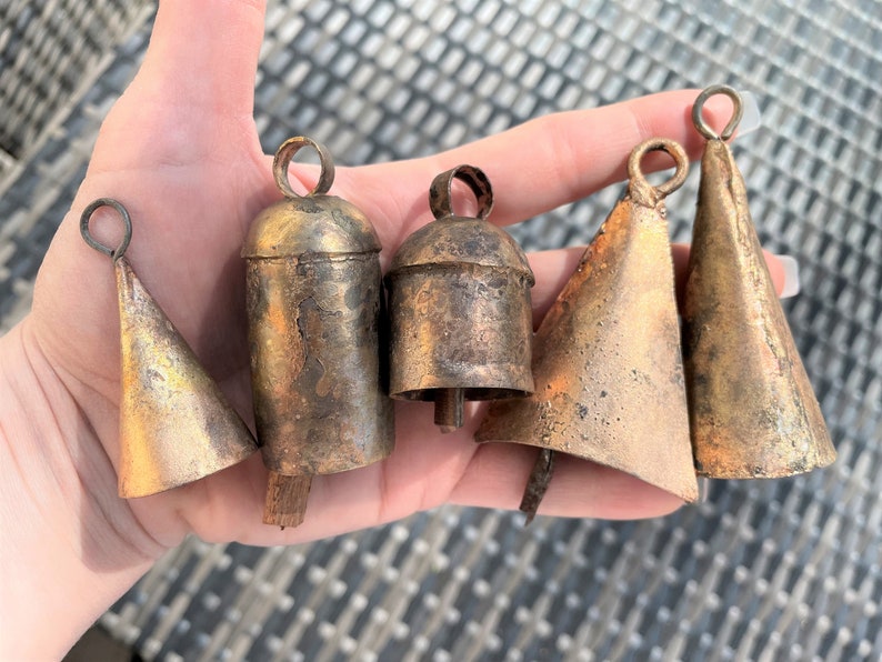 BARN BELLS in Small Sizes 5 Distinctive Golden Rustic Bells Full of Beautiful Rough Hewn Variations Perfect for ALL Home Decor image 2