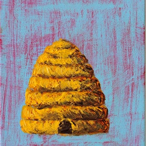 May include: A yellow and brown beehive painted on a blue and red textured background.