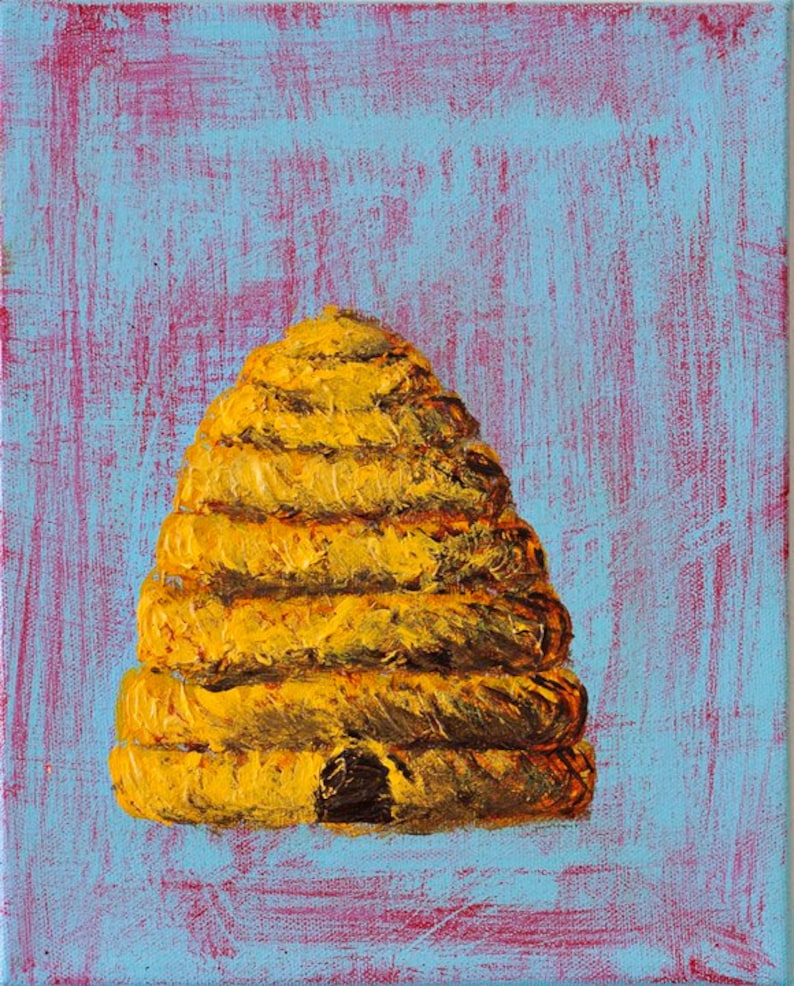 May include: A yellow and brown beehive painted on a blue and red textured background.