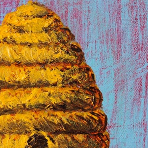 May include: A painting of a beehive with a textured, yellow and brown surface. The beehive is painted against a blue background with a red undertone.