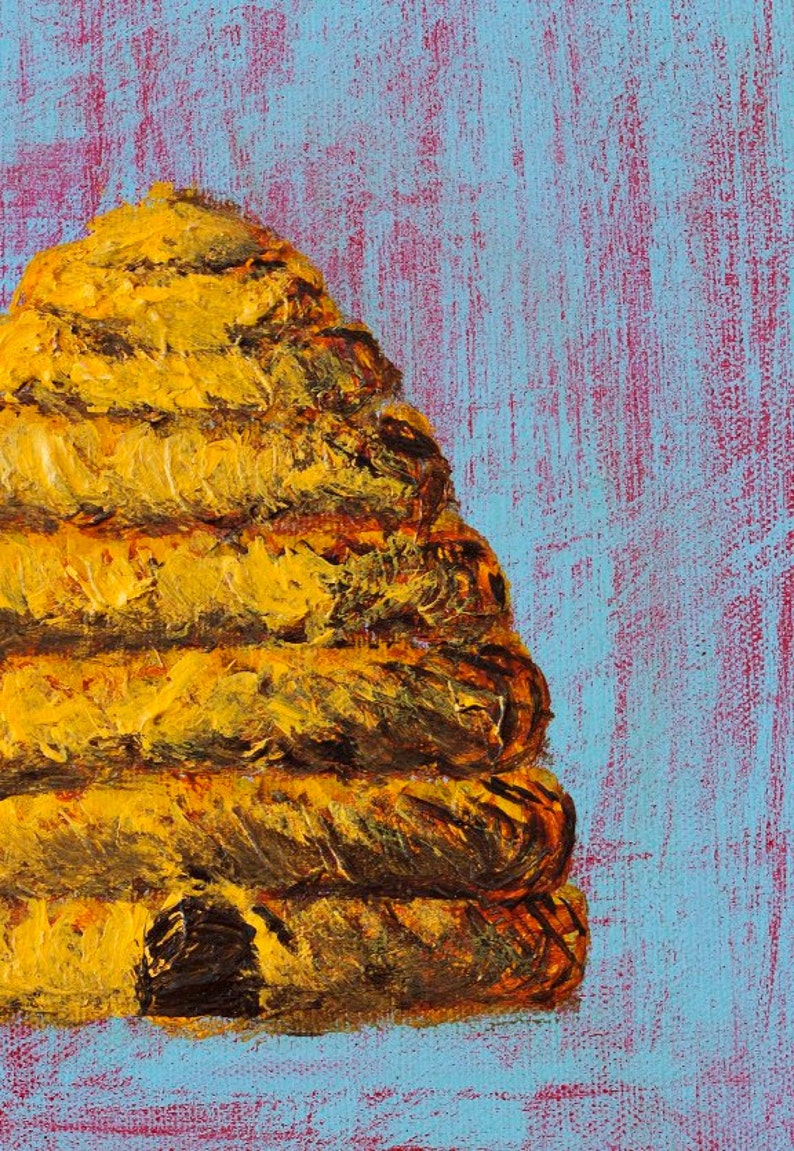 May include: A painting of a beehive with a textured, yellow and brown surface. The beehive is painted against a blue background with a red undertone.