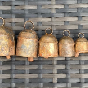 RUSTIC FARMHOUSE BELLS 5 Rough Hewn Gold Bells w/ Wooden Clappers in 6 Sizes Shabby Chic Cow Bells Xmas Tree, Holiday, Wedding Bells image 2