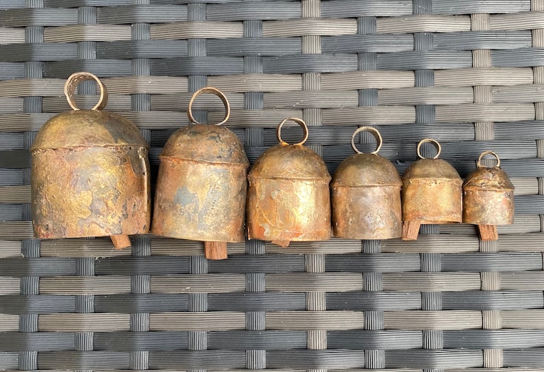 RUSTIC FARMHOUSE BELLS 5 Rough Hewn Gold Bells w/ Wooden Clappers in 6 Sizes Shabby Chic Cow Bells Xmas Tree, Holiday, Wedding Bells image 2