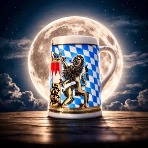 May include: A ceramic beer stein with a white handle and a blue and white checkered pattern. The stein features a coat of arms with a lion and a red and white design. The background includes a full moon and a night sky.