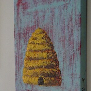 May include: A painting of a yellow and brown beehive on a blue and red background. The beehive is painted in a textured style, with visible brushstrokes. The painting is signed "H.C.L." in the lower right corner.