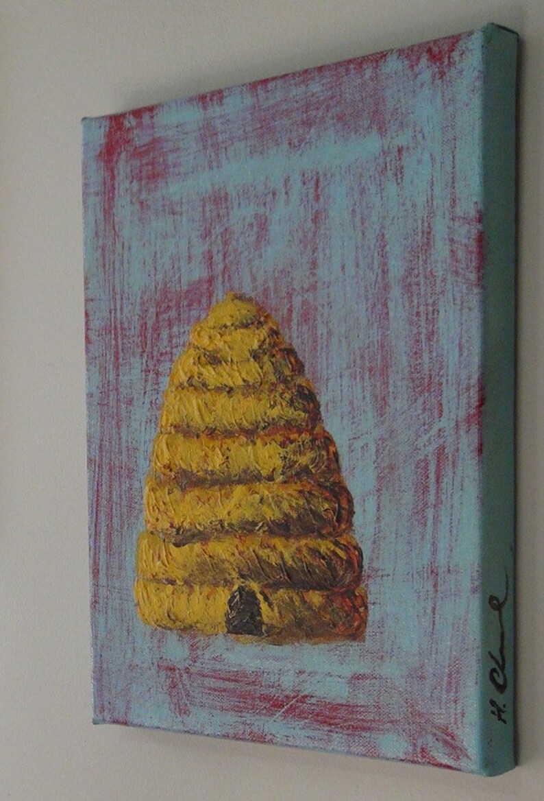 May include: A painting of a yellow and brown beehive on a blue and red background. The beehive is painted in a textured style, with visible brushstrokes. The painting is signed "H.C.L." in the lower right corner.