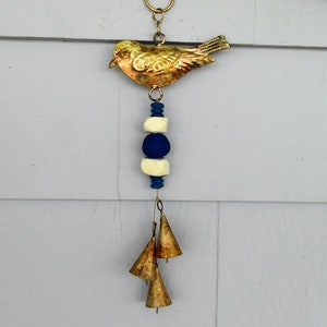 Blue & White Stripes Wind Chime For Cottage, Lake House, Beach House, Boat-Golden Bird, Blue, White Beads and 3 Bells for Beautiful Sound