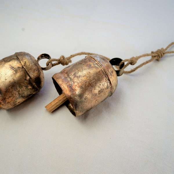 BARRON BELL HANGING - Set of 2 Big 4" Rustic Gold Bells - For Farmhouse, Antique, Shabby Chic or Cottage Decorations - In or Outdoor Chimes