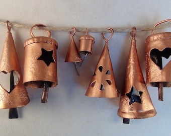COPPER Painted BELLS Variety Pack-Sample 7 of Our Popular Copper Bells with Hearts, Stars & Some of Our Mini Bells Too-For Crafts, Chimes