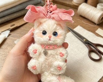 Handmade Fluffy Cat Plush Wind Spinner Keychain, Faux Fur Kitten Ornament, Garden Decor