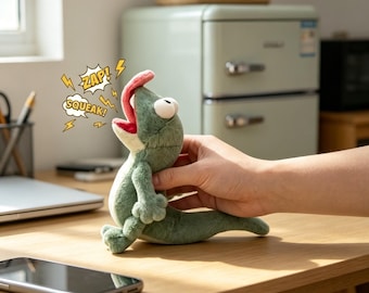 Magnetic Tongue & Sound Function, Green Goofy Abstract Lizard Plush With,Weird Cute Desk Decor, Funny Unique Gift