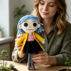 Puede incluir: Muñeca de peluche con ojos de botón, pelo de hilo azul y abrigo amarillo. La muñeca lleva una camisa de rayas rosas, una falda negra y medias a rayas. La muñeca está sujeta por una persona.