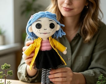 Coraline Button Eyes Doll, Yellow Raincoat Plush Toy, Horror Movie Inspired Stuffed Animal