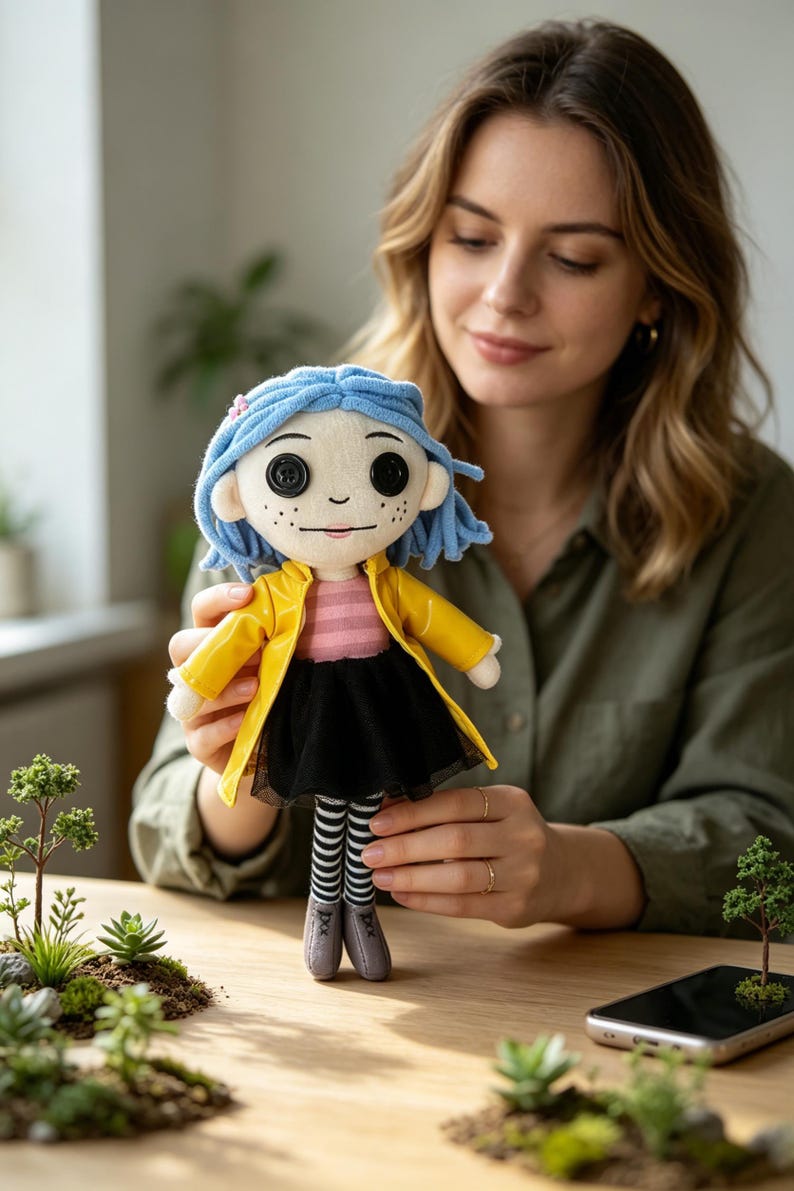 May include: A plush doll with button eyes, blue yarn hair, and a yellow coat. The doll wears a pink striped shirt, black skirt, and striped stockings. The doll is held by a person.