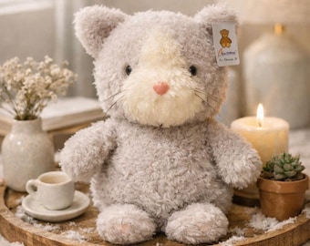 Gray Cat Plush Toy, Fluffy Kitten Stuffed Animal, Soft Curly Fur, Cozy Nursery Decor