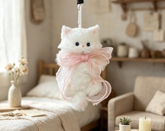 Handmade Fluffy Cat Plush Keychain, Faux Fur Kitten Bag Charm, Wind Spinner Ornament