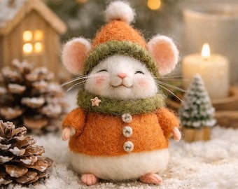 Felt Mouse Figurine, Orange Sweater, Winter Holiday Decor, Wool Animal Ornament