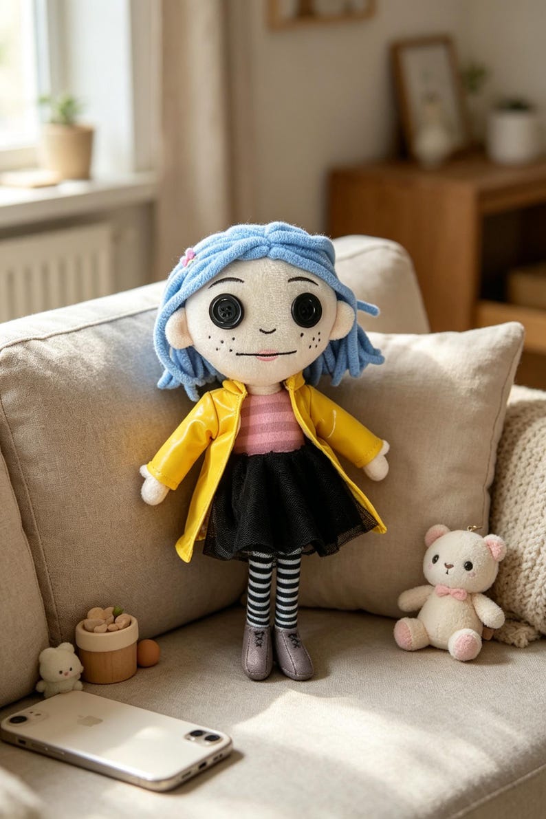 May include: A plush doll with blue hair, button eyes, and freckles, wearing a yellow raincoat, pink striped shirt, and black skirt. The doll has striped stockings and gray shoes. A small teddy bear and other decorative items are nearby.
