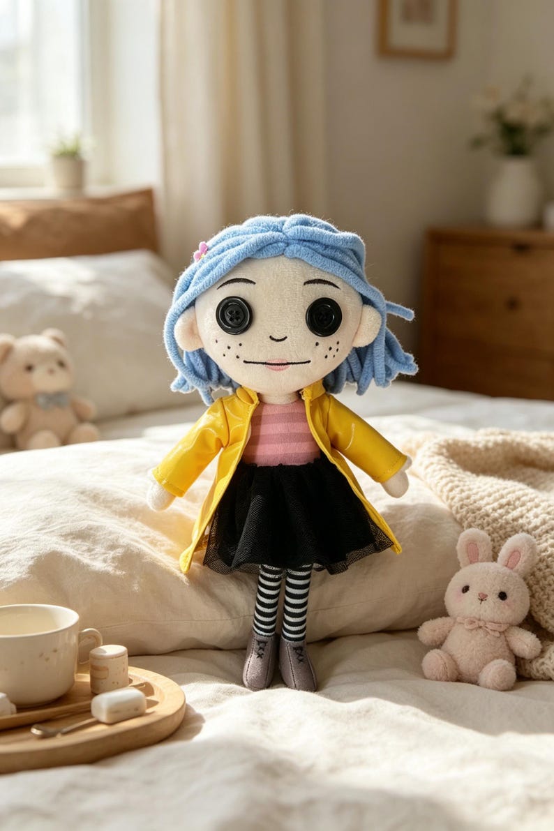 May include: A plush doll of a character with blue hair, button eyes, and freckles, wearing a yellow coat, black skirt, and striped stockings. The doll is approximately 12 inches tall and is sitting on a bed with a pink bunny and a teddy bear.