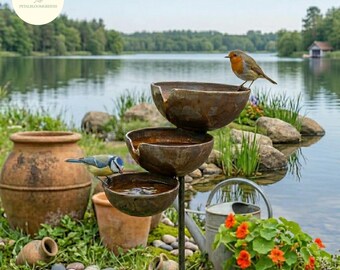 Rustic Rain Catcher Waterfall Garden Stake Metal Bird Bath Pollinator Water Feature Outdoor Garden Decor Bee Butterfly Yard Art Gift Idea