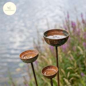 Set di 3 paletti da giardino in metallo per la raccolta dell'acqua piovana, con patina rustica, abbeveratoio per uccelli, fontana per impollinatori, decorazione da giardino per esterni, ape, farfalla, arte da giardino, regalo