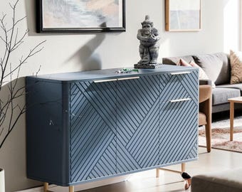Navy Blue Sideboard Cabinet with Gold Accents and Hidden Storage