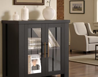 Modern Buffet Cabinet Glass Door Sideboard Credenza Coffee Bar Storage Wood Console Table