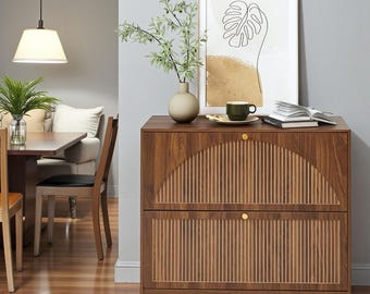 Fluted Lateral File Cabinet Walnut Storage Printer Office Drawer Cabinet